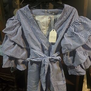 English Factory Blue and White Striped Dress with Ruffled Sleeves
